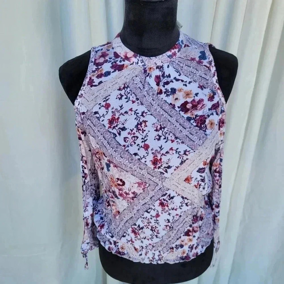 American Rag Cie Women's S Purple Floral Cold Shoulder Blouse Top Long Sleeve - Picture 2 of 9
